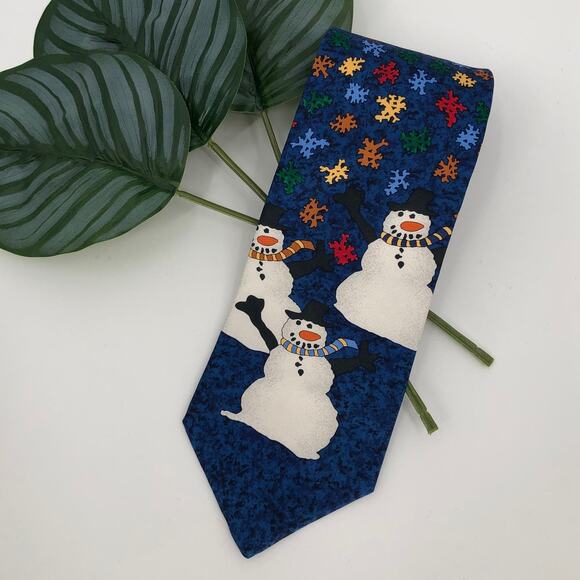 Save The Children Blue White Snowman Frosty Snow Holiday Novelty Silk Neck Tie - Picture 6 of 6